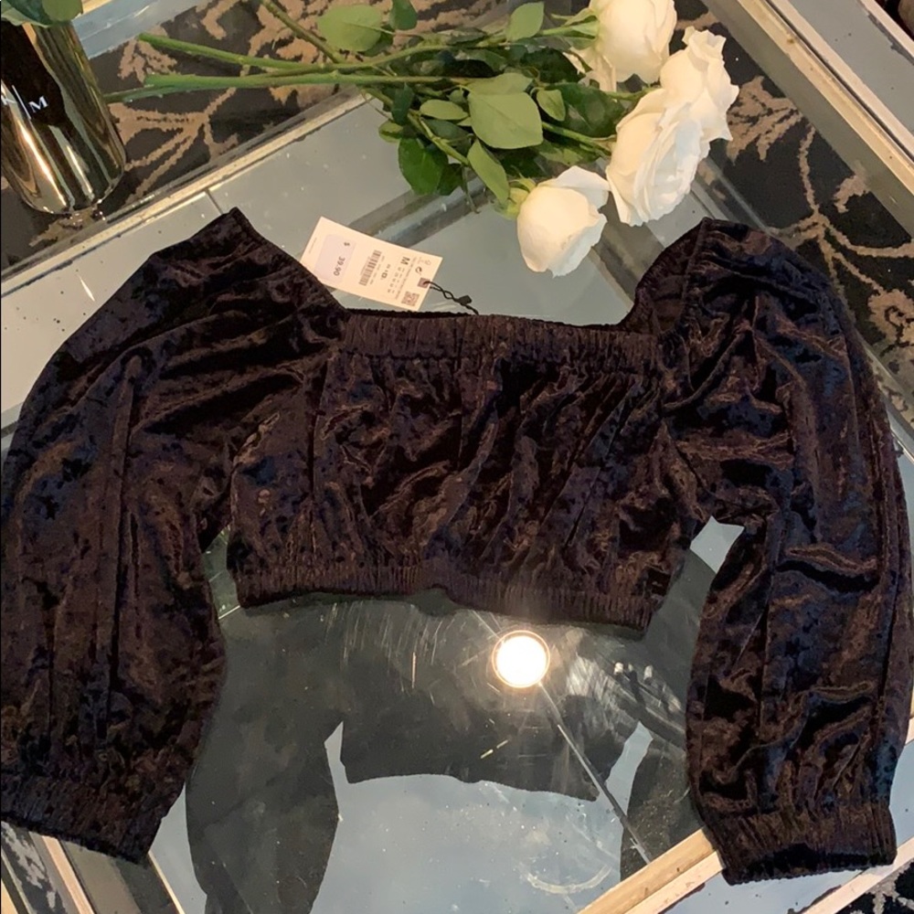 Zara black long sleeve crushed velvet cropped Top